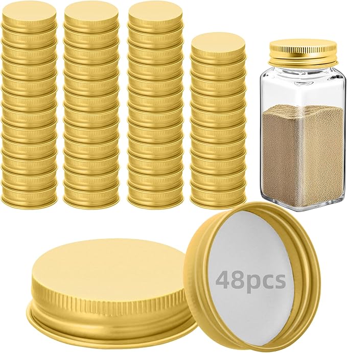 48 Pcs iron Jar Lids Lids for 4 oz and 6 oz Square Spice Jars Reusable Can Airtight Spice Storage Canning Lids for Nice Sealing Kitchen (Gold)