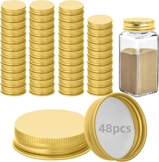 48 Pcs iron Jar Lids Lids for 4 oz and 6 oz Square Spice Jars Reusable Can Airtight Spice Storage Canning Lids for Nice Sealing Kitchen (Gold)