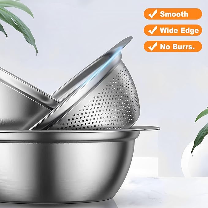 Stainless Steel Microporous Colander for Kitchen, 4QT Large Capacity, Colander and Bowl Set of Two, Stainless Steel Drain Basket with Mixing Bowl, for Washing Fruits and Vegetables