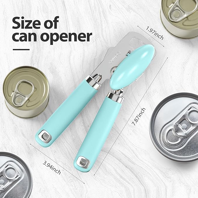 Can Opener Manual, Heavy Duty Stainless Steel Smooth Edge Can Openers With Soft Touch Handle, Oversized Handheld Easy Turn Knob, Multi-Function Bottle Opener, Aqua Sky