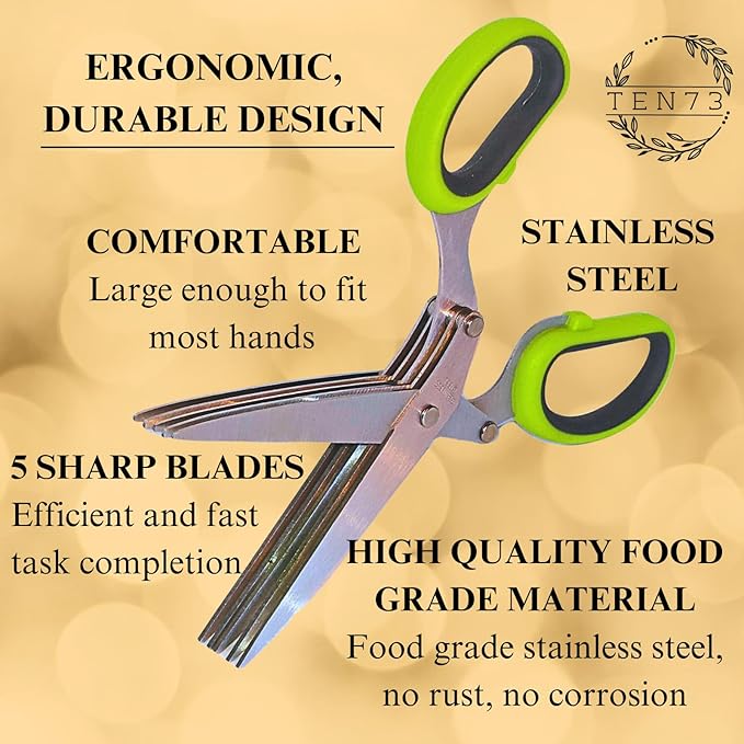 2-in-1 5-Blade Herb Scissors & Herb Stripper Set | 10-Hole Leaf stripper Stem Remover + Stainless Steel Herb Shears with Safety Cover & Cleaning Comb | Dishwasher Safe Kitchen Tool for all Herbs