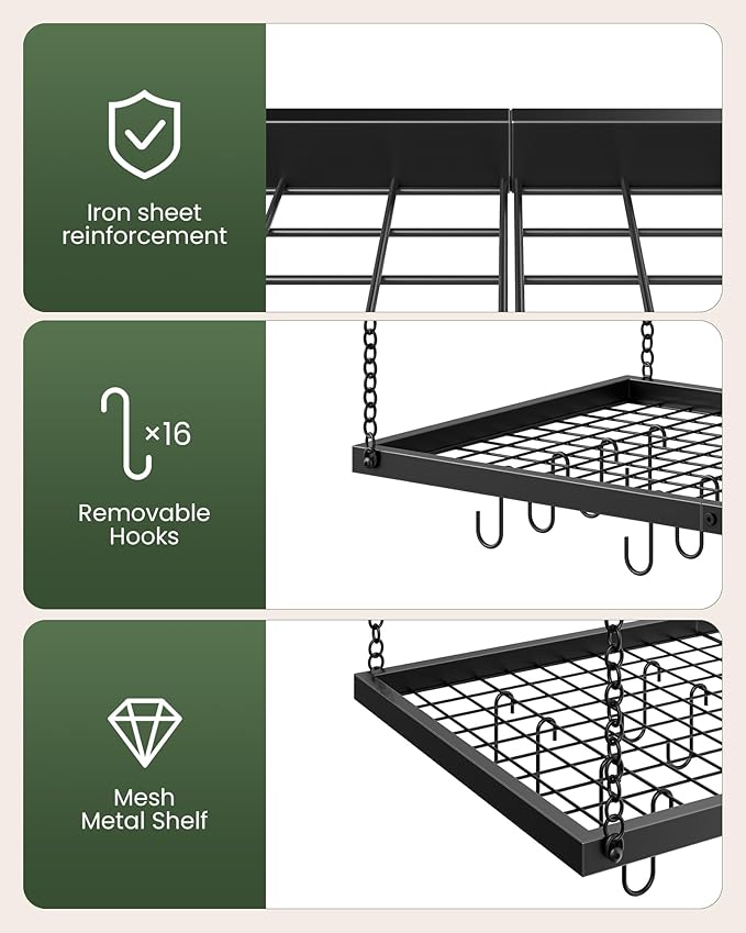 Hanging Pot Rack, Ceiling Mounted Pot Hanger for Kitchen, Metal Cookware Storage Organizer with 12 Hooks, for Storage of Cookware, Utensils in Kitchen, Black TPR31BB