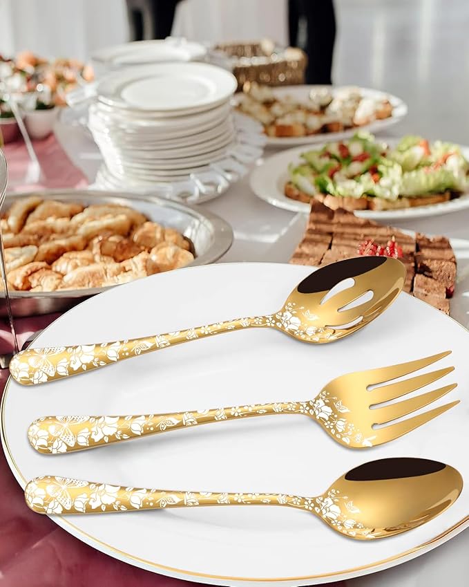 Stapava Serving Utensils, Gold 5-Piece Large Hostess Set, Stainless Steel Flatware Serving Set, Ideal for Buffet Catering Party, Mirror Polished, Dishwasher Safe