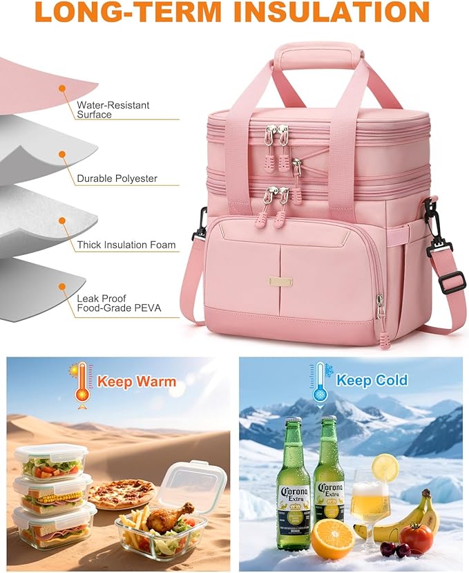 Lunch Box For Men Women Double Deck Insulated Lunch Bag For Men Woman Leakproof Expandable Cooler Bag with Adjustable Shoulder Strap for Work Picnic School(Pink,Medium)