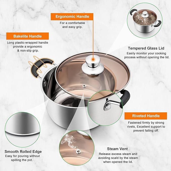 P&P CHEF 4 Qt Stockpot with Lid, Stainless Steel Cooking Stock Pot for Soup, Heat-Proof Double Handles with Visible Lid, Dishwasher Safe & Healthy, 1-Ply Metal