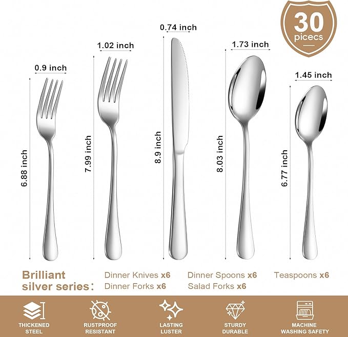Lazycorner Silverware Set 30 Piece Stainless Steel Flatware Set Silverware Utensils for 6 People Includes Forks Knives Spoons & Salad Forks Dishwasher Safe for Home Restaurant or Outdoor Use