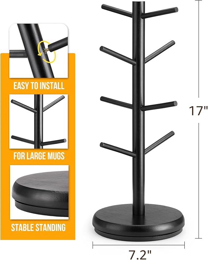 Lorbro Coffee Mug Tree, 360° Rotated Mug Holder with 8 Hooks, Wooden Coffee Cup Holder Rack Stand Accessories for Countertop Kitchen Decor Organizer