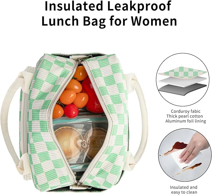 Lunch Box for Women Insulated Lunch Bag Women Adult Cute Lunch Bags Reusable Lunchbox Cooler Tote Bag for Work Picnic (Green Plaid)
