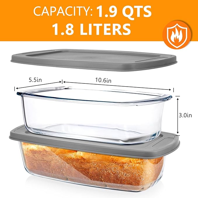 Glass Loaf Pans for Baking Bread with Lids - 1.9 Qt Glass Loaf Pan | Oven, Dishwasher, Fridge, Freezer & Microwave Safe, Bread Pan Suit for Lasagna, Meatloaf, Banana - 2Pcs