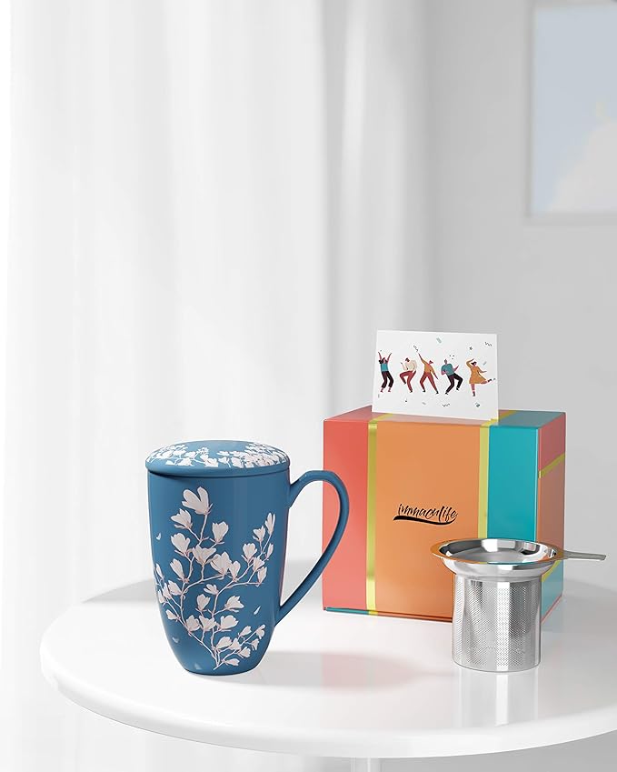 Tea Cup with Infuser and Lid - Tea Mug with Lid for Steeping Loose Leaf Coffee Milk Women Office Home Gift 16oz Navy Flower