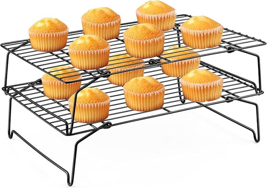 Leonyo Cooling Rack, 2 Tier Stainless Steel Stackable Baking Cooking Racks for Cooling Roasting Grilling, Collapsible & Heavy Duty, Oven Safe & Easy Clean, 15" x 10", Black