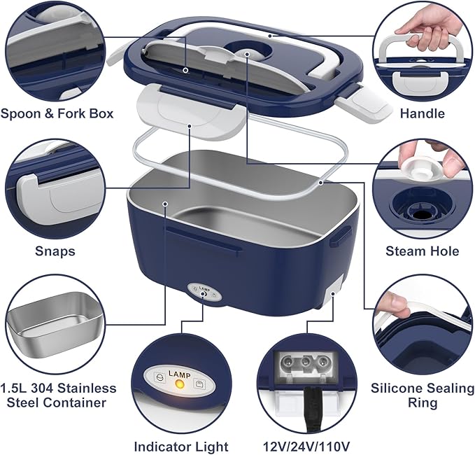 Electric Lunch Box for Men/Women 80W Heated Lunch Box for Adults, 12V 24V 110V 220V Portable Food Warmer LunchBox Lonchera Eléctrica Portátil with 304 Stainless Steel Container Christmas Gift