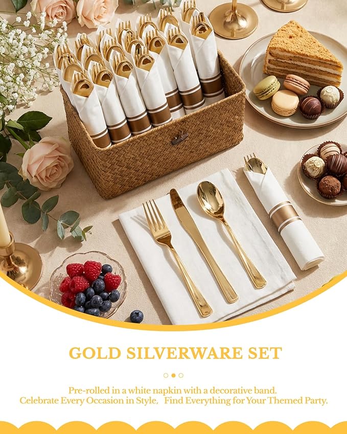 Supernal 240 Pcs Pre Rolled Napkins with Gold Plastic Silverware - 60 Sets Elegant Disposable Wrapped Cutlery: Heavy Duty Gold Forks, Knives, Spoons for Weddings, Parties, & Catering Events
