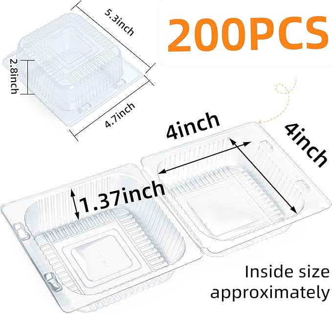 200 Count Clear Plastic Containers with Lids for Food, Thickened Disposable Sandwich Containers Clamshell Boxes for Cake Slice, Dessert, Hamburger, Salad, Pastry, Fruits, Takeout Tray