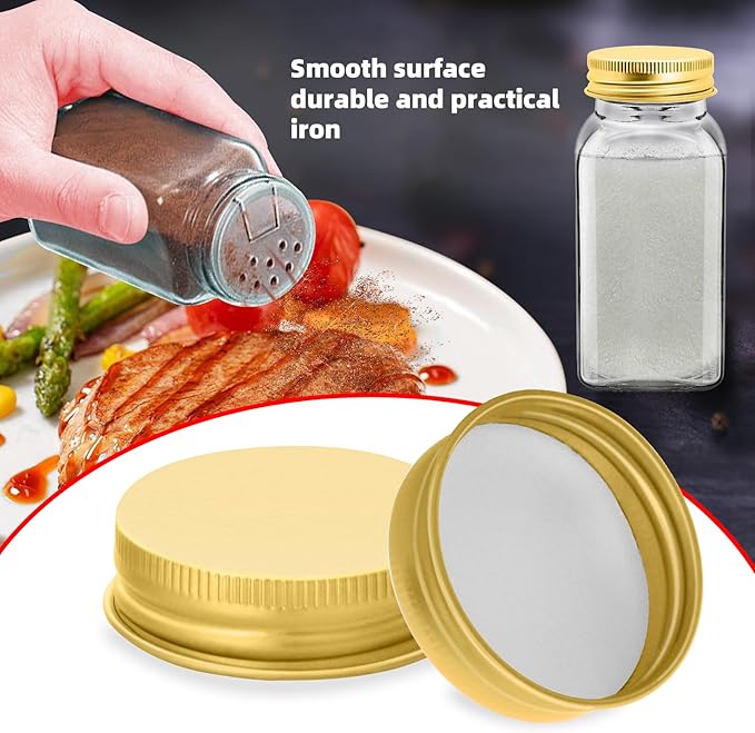 48 Pcs iron Jar Lids Lids for 4 oz and 6 oz Square Spice Jars Reusable Can Airtight Spice Storage Canning Lids for Nice Sealing Kitchen (Gold)
