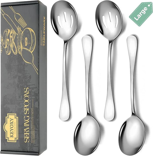 4 Piece Stainless Steel Serving Spoons Set, 10-Inch, Includes 2 Large, 2 Slotted, for Parties/Kitchen/Buffet/Catering, Dishwasher Safe