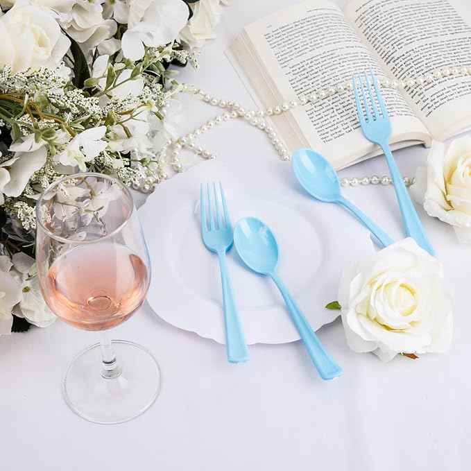WDF 160 Piece Blue Plastic Silverware - Heavy Duty Blue Silverware Includes 80 Forks, 40 Spoons, 40 Knives, Disposable Plastic Utensils Perfect for Wedding, Graduation, Party,Easter