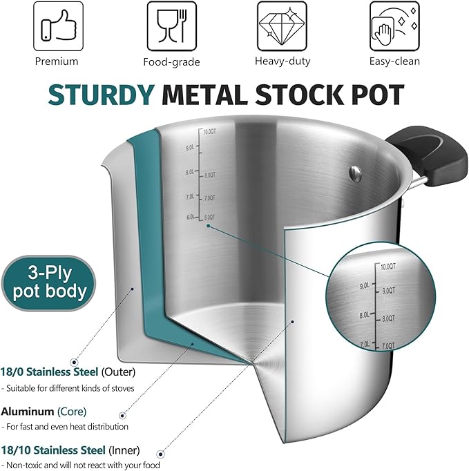 10 Quart 3-Ply Cooking Stock Pot with Lid, P&P CHEF Stainless Steel Large Pot for Pasta Soup, Work on Multi Stove, Heavy Duty & Dishwasher Safe, Dual Heat-resistant Handles & Transparent Glass Lid