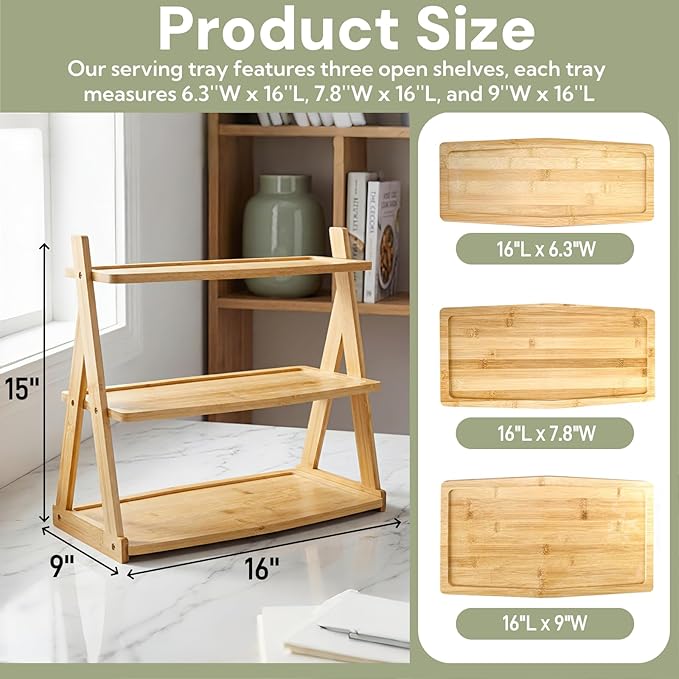 3 Tier Bamboo Serving Tray, Rectangle Serving Platters Tiered Tray Stand, Fruit Cupcake Display Stand Farmhouse Decorative Trays for Appetizers, Snacks, Dessert, Party, Birthday, Wedding