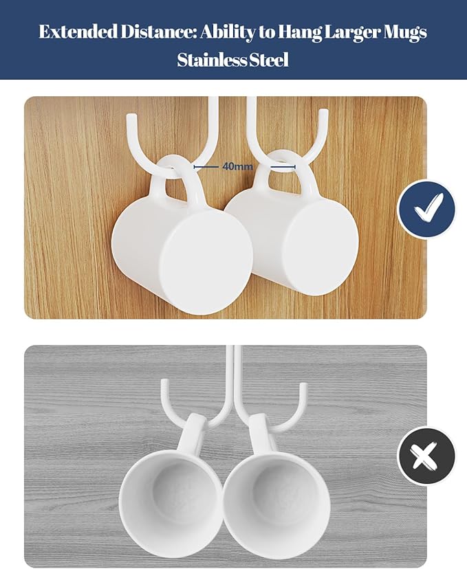 Mug Hooks Under Cabinet 3 Pack, Coffee Cup Hooks for Hanging Under Shelf, Mug Organizer Rack with 12 Hooks for Displaying Mugs, Coffee Cups and Kitchen Utensils, White