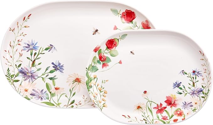 Bico Summer Provence 16 plus 12 inch Oval Platters Set, Set of 2, Microwave and Dishwasher Safe, for Serving Fish, Chicken, Turkey