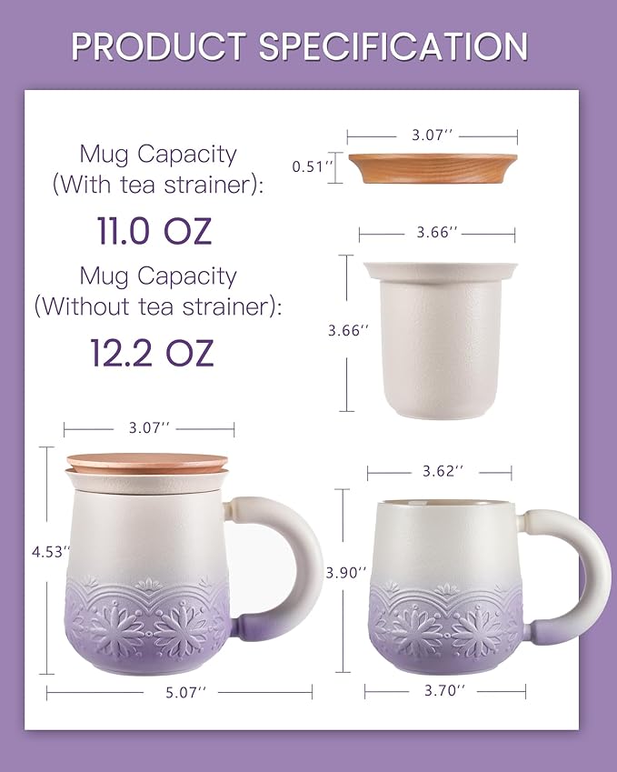 ZENS Tea Mug with Infuser and Lid for Loose Leaf Tea Steeper, 11 oz Embossed Ceramic Tea Cup with Strainers. Wood Lid Tea Diffusers Mugs for Collector's Mug Gifts, Pale Purple