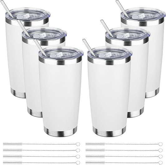 20oz Tumbler Bulk with Lid and Straw, Stainless Steel Double Wall Vacuum Insulated Travel Mug, Powder Coated Coffee Cups for Hot and Cold Drinks,Funny Gifts for Women Men(White,6)