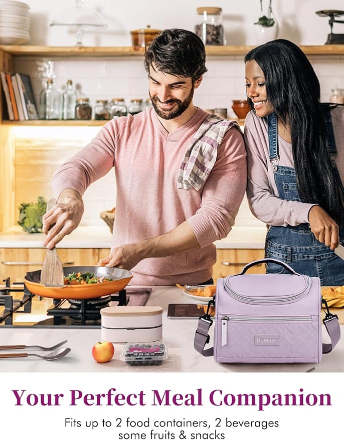 Lunch Bag for Women Insulated Lunch Box Reusable Adult Lunch Cooler Bag with Front Pocket & Adjustable Shoulder Strap, Leakproof Large Lunch Tote Bag for Work Office Travel Picnic, Purple