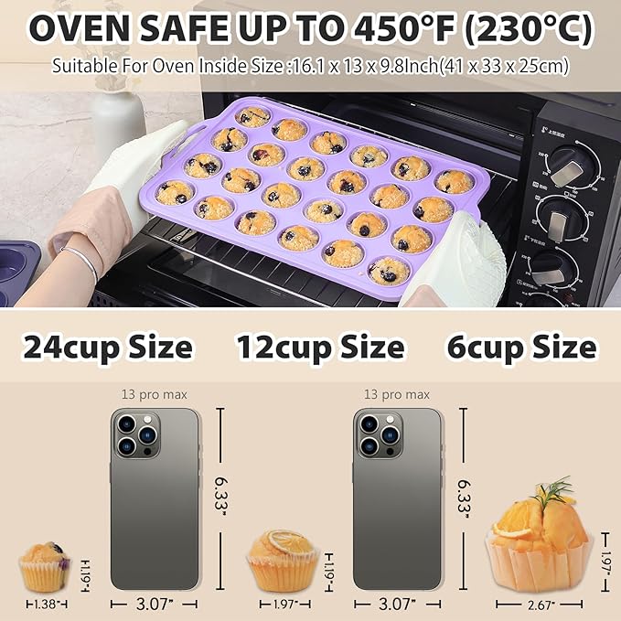 Mini Silicone Muffin Pan with Metal Frame, Non Stick Silicone Cupcake Pan with Handles 24 Cup, BPA Free Silicon Muffin Tin Tray Small for baking, egg bites, Cupcake Mold Purple
