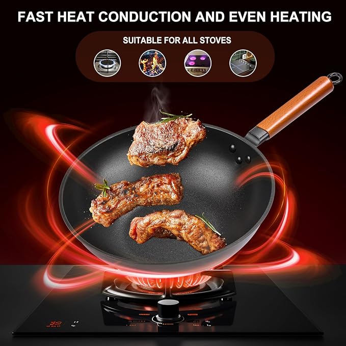 13" Nonstick Wok - Wok Pan with Lid, Carbon Steel Woks & Stir-Fry Pans: Flat Bottom Chinese woks for Electric, Induction, Gas, All Stoves