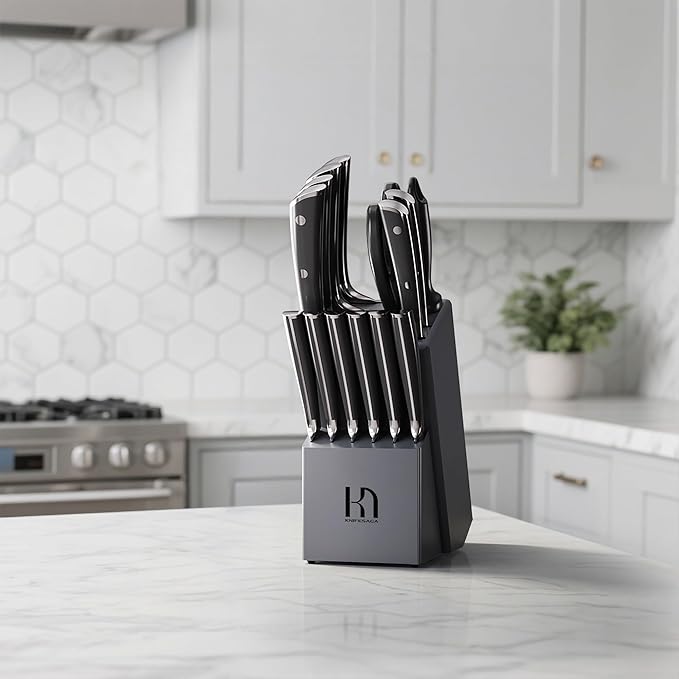 Knife Set Premium, 15 Pcs Kitchen Knife Set with Block Japanese High Carbon Stainless Steel Razor Sharp Knife Block Set, Block Knife Set with Sharpener and Ergonomic Full-tang Handle