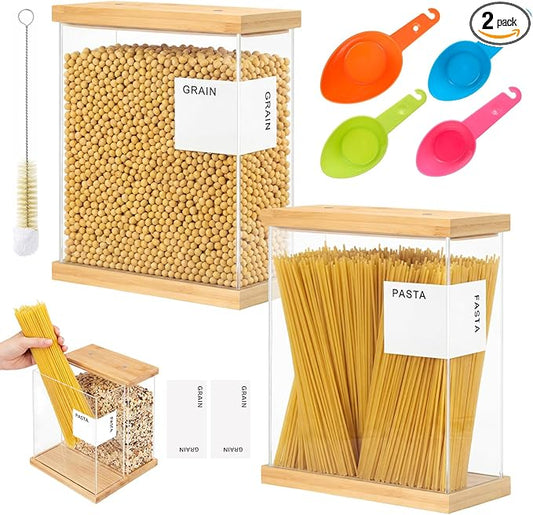2 Pcs 4L Bamboo Food Dispenser Kitchen Organizers and Storage with Labels Airtight Pantry Organizers and Storage Container with Measuring Cups for Cereal, Rice, Flour, Sugar, Snack