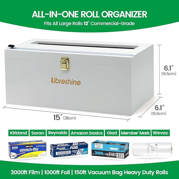 12" White Commercial Foil & Plastic Wrap Dispenser Organizer w/Cutter & Roller - Heavy-Duty XL Holder Fits 3000ft Film, 1000ft Foil Rolls, Costco-Sized - Kitchen, Restaurant Storage