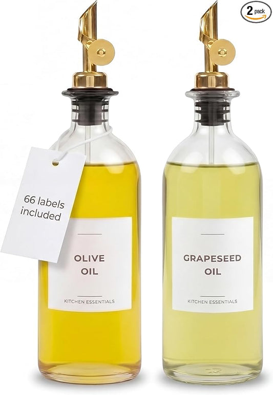 Olive Oil Dispenser Bottle - Includes 55 Kitchen Essential Labels - Cooking Oil Bottles for Kitchen, Coffee Syrup Dispenser - Pourer Spout with 16.9 fl oz Glass Container Cruet - 2pcs, Gold
