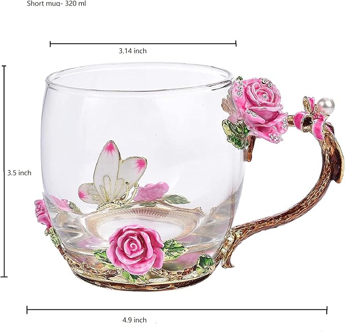 SUQ I OME Enamel Rose and Butterfly Flower Glass Tea Cup, Birthday Gifts For Women,Wife, Friend for Valentines Wedding, Pink Rose,11oz