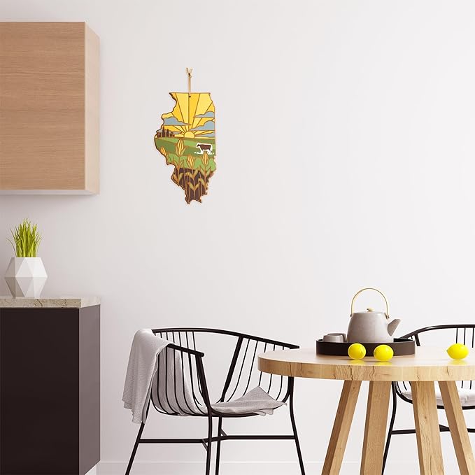 Totally Bamboo Illinois State Shaped Cutting Board and Charcuterie Serving Platter with Artwork by Summer Stokes, Includes Hang Tie for Wall Display
