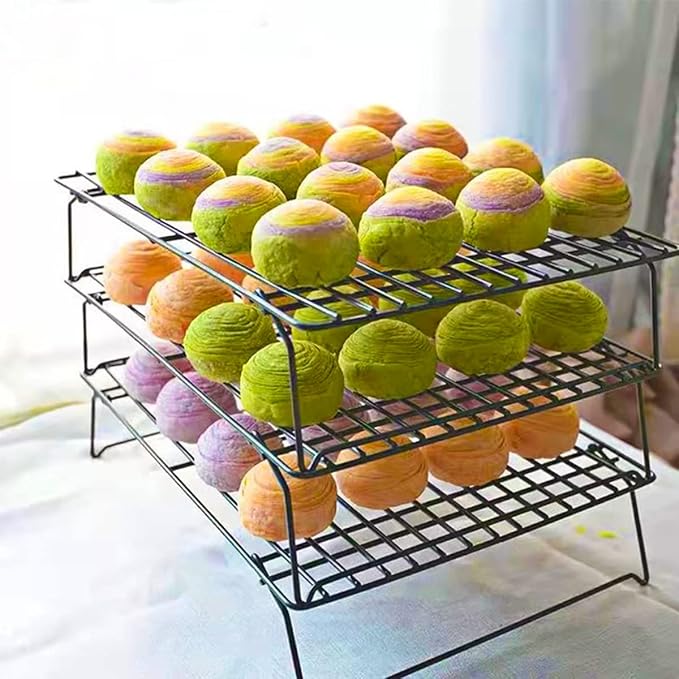 PowerKing 3 Tier Cooling Rack, Foldable Non-Stick Stainless Steel Wire Cake Rack for Pies, Cookies, Pastries, Home Baking, Birthday Party, Wedding Party 15.7'' x 10'' (Black 3 Tier)