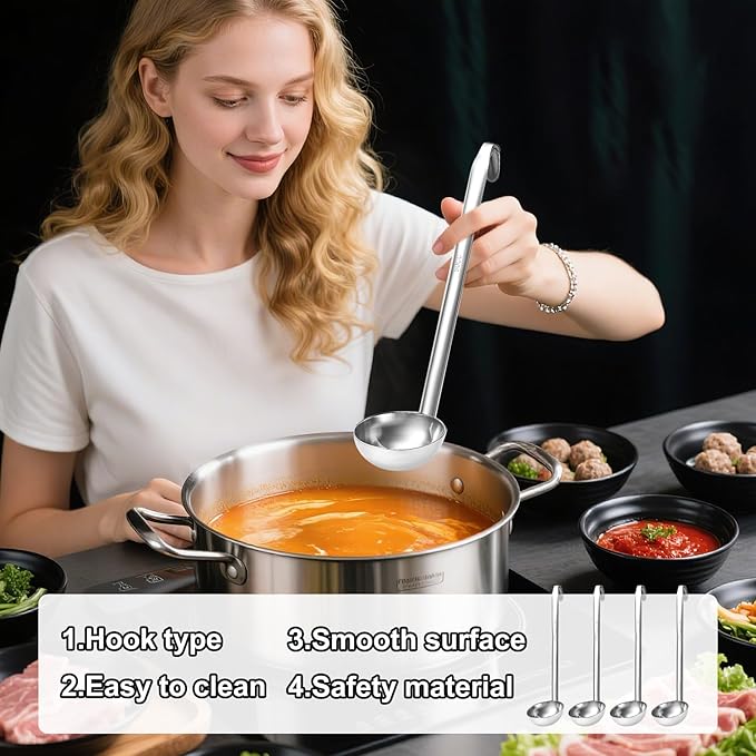 4Pcs Stainless Steel Ladle,Soup Long Handle Ladle with Pouring Rim for Serving,Metal Soup Ladles for Punch Bowl Cooking Sauce Kitchen Restaurant Accessories(2 oz)