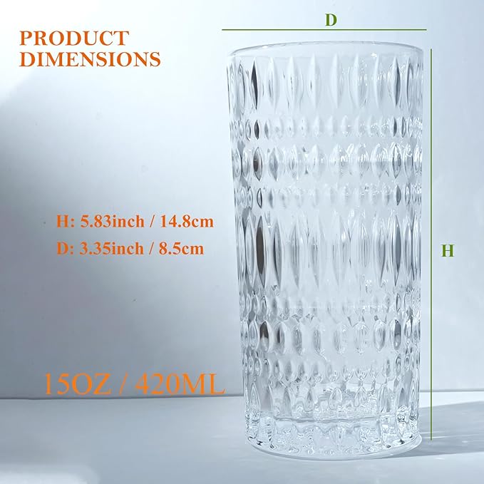Highball Glasses [Set of 4] - 15oz Vintage Glass Cups Fits Dinner Party - Unique Texture, Dishwasher Safe