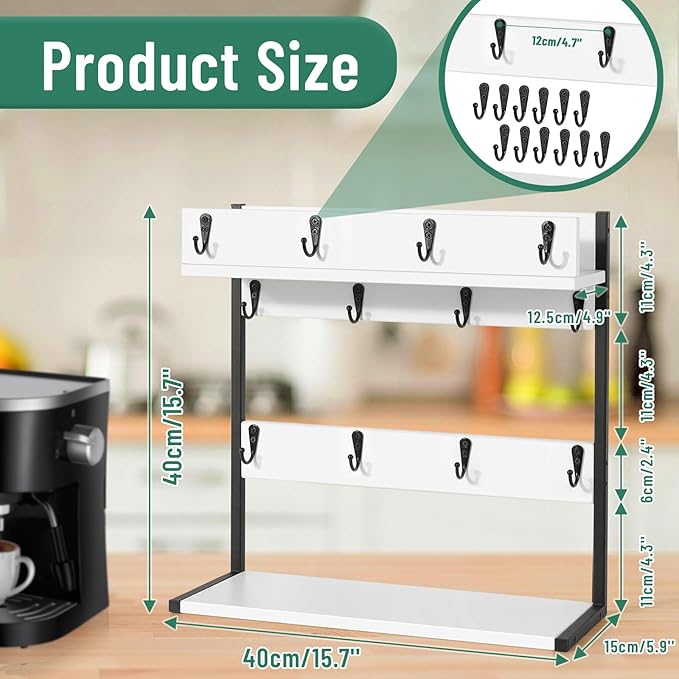 Coffee Mug Rack Holder Wall Mount – 2 Tier Mug Rack Stand with Storage Base for 12 Cups for Kitchen, Dining Room Counter Organizer, Coffee Bar Decor Accessories