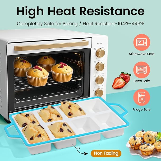 SJ Silicone Mini Loaf Pans with Metal Reinforced Frame-2 Pack, Non-stick Silicone Mini Bread Loaf Pans for Baking 8-Cavity, Tiny Banana Bread Set, Dishwasher Safe Brownie Pan-Blue