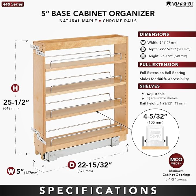 Rev-A-Shelf 5" Wood Pullout Kitchen Cabinet Organizer for 5.5" W Opening - Spice Caddy & Seasoning Rack Sliding Storage with Adjustable Shelves for Pantry Organization, 448-BC-5C