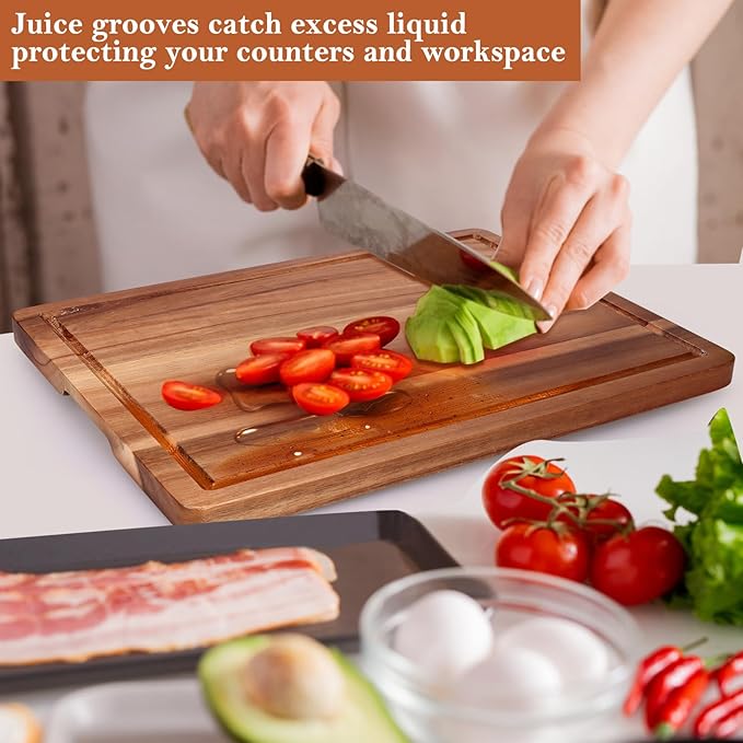 Acacia Wood Cutting Boards for Kitchen, Wooden Chopping Board with Side Handle and Juice Groove, 15" X 11" Carving Board, Butcher Block, Cheese Charcuterie Boards for Meat, Fruit, Steak