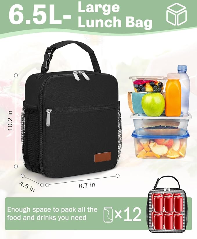 Small Lunch Box Insulated Lunch Bag for Men Women Kids, Reusable Lunch Bags Portable Small Lunch boxes Cooler Bag for School/Work/Picnic, Black 12-Can(6.5L)