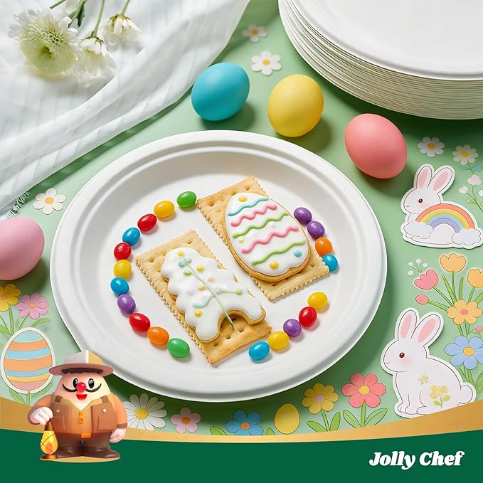 JOLLY CHEF Compostable Heavy Duty Plates 𝟭𝟬 𝗜𝗻𝗰𝗵 [𝟭𝟮𝟱 𝗣𝗮𝗰𝗸] Eco-Friendly Disposable White Paper Plates Made of Bagasse Biodegradable for Party Dinner Sugarcane Fibers Thanksgiving Day