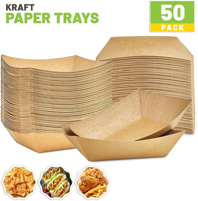 3 Lb Paper Food Trays - 50 Pack Disposable Nacho Trays, Kraft Paper Food Boats Taco Holders Party Serving Baskets for Hot Dogs Snacks Tacos Fries