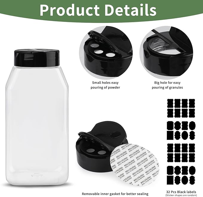 PineHaven 28 Pcs 16 oz Plastic Spice Jars with Black Cap,Square Plastic Bottle Containers with Lid and Stickers,Empty Seasoning Bottles Large Clear Spice Shaker for Storage Spices, Coffee, Tea, Herbs
