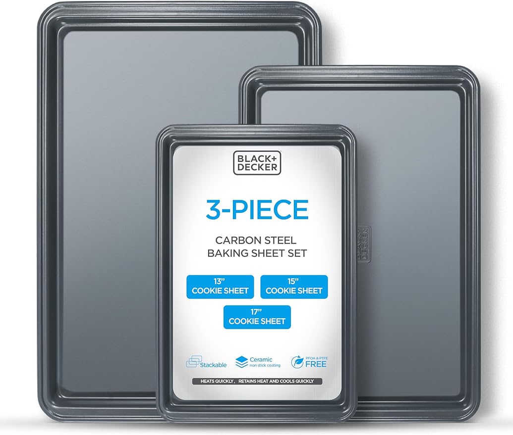 BLACK+DECKER 3-Piece Carbon Steel Baking Sheet Set, Includes 13”, 15”, 17” Cookie Sheets for Baking, 0.4mm Carbon Steel Baking Pans Set with Ceramic Non-Stick Coating, PFOA & PTFE Free, Black Finish