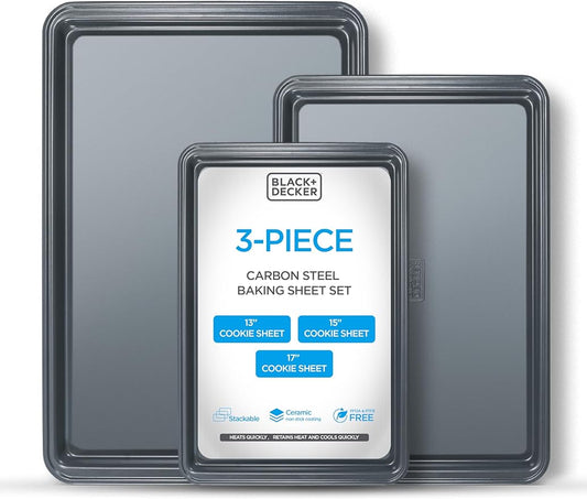 BLACK+DECKER 3-Piece Carbon Steel Baking Sheet Set, Includes 13”, 15”, 17” Cookie Sheets for Baking, 0.4mm Carbon Steel Baking Pans Set with Ceramic Non-Stick Coating, PFOA & PTFE Free, Black Finish