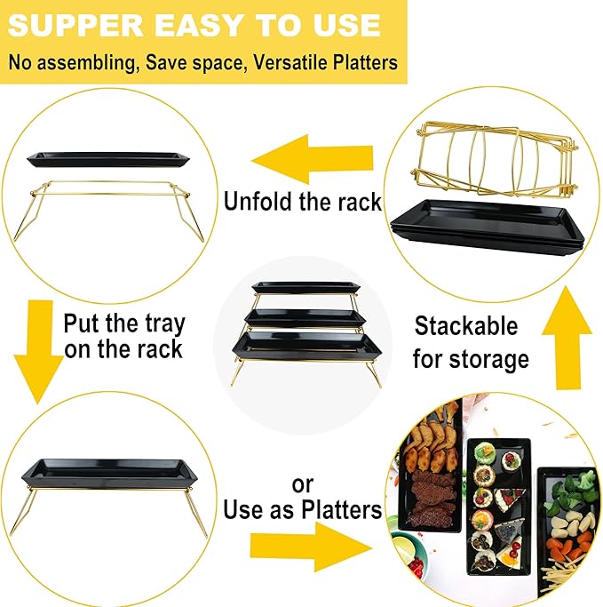 Extra Large 3 Tier Serving Tray, 24 x22 x 9.8 Inch Melamine Tiered Tray Stand and Platters for Party Buffet Entertaining, Black and Gold